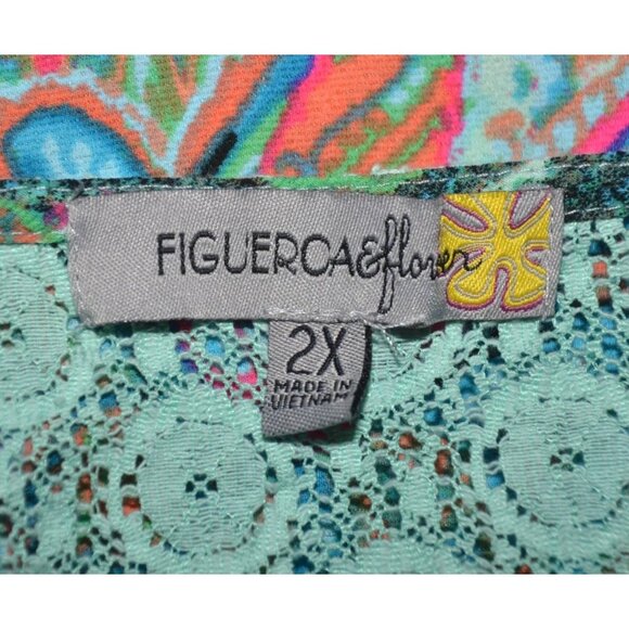 Figueroa & Flower Womens 2X Green Floral Lace Up Lace Back Blouse Tunic Top - Picture 12 of 14